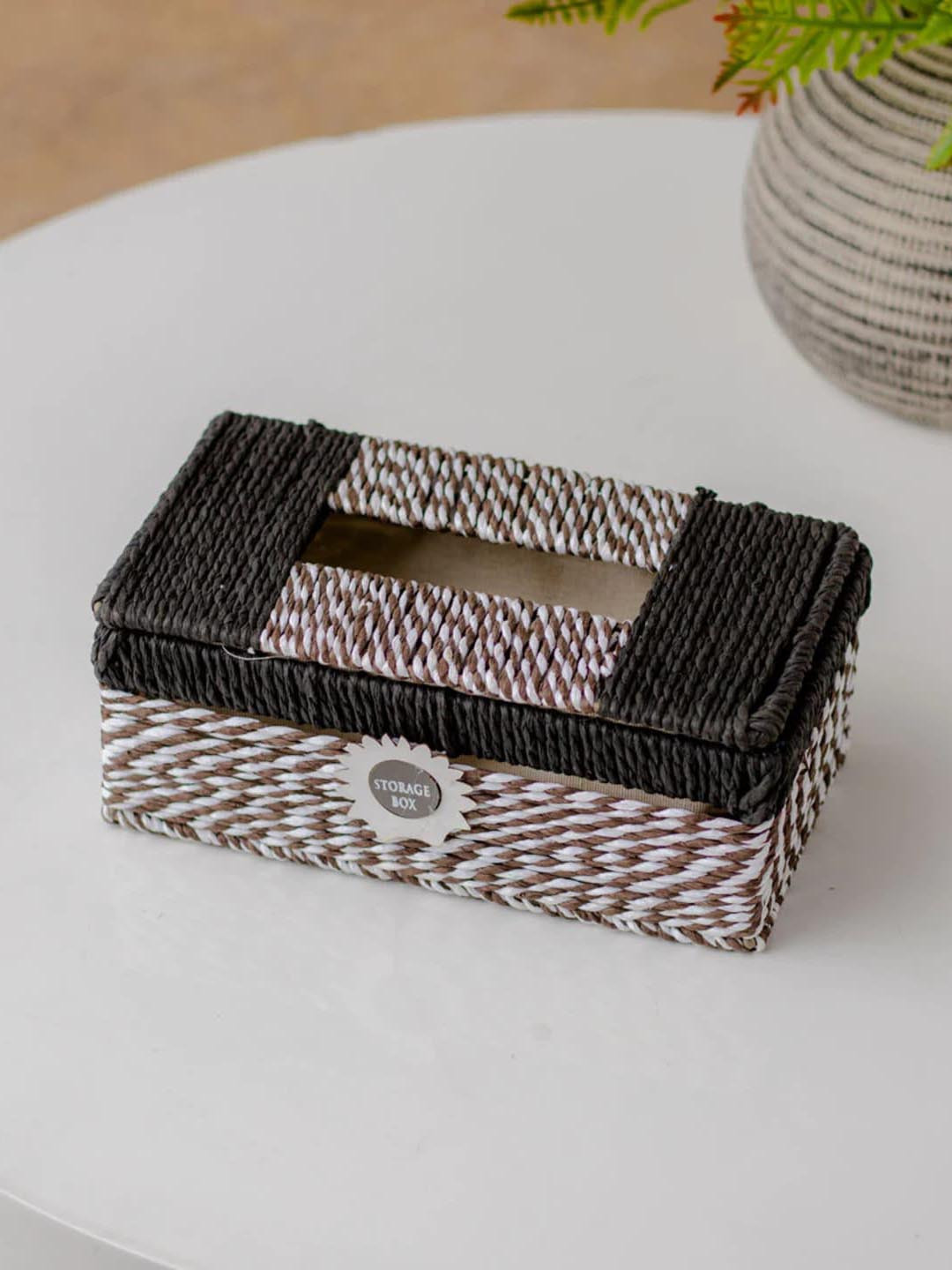 

THEDECORKART White & Black Textured Jute Tissue Holder