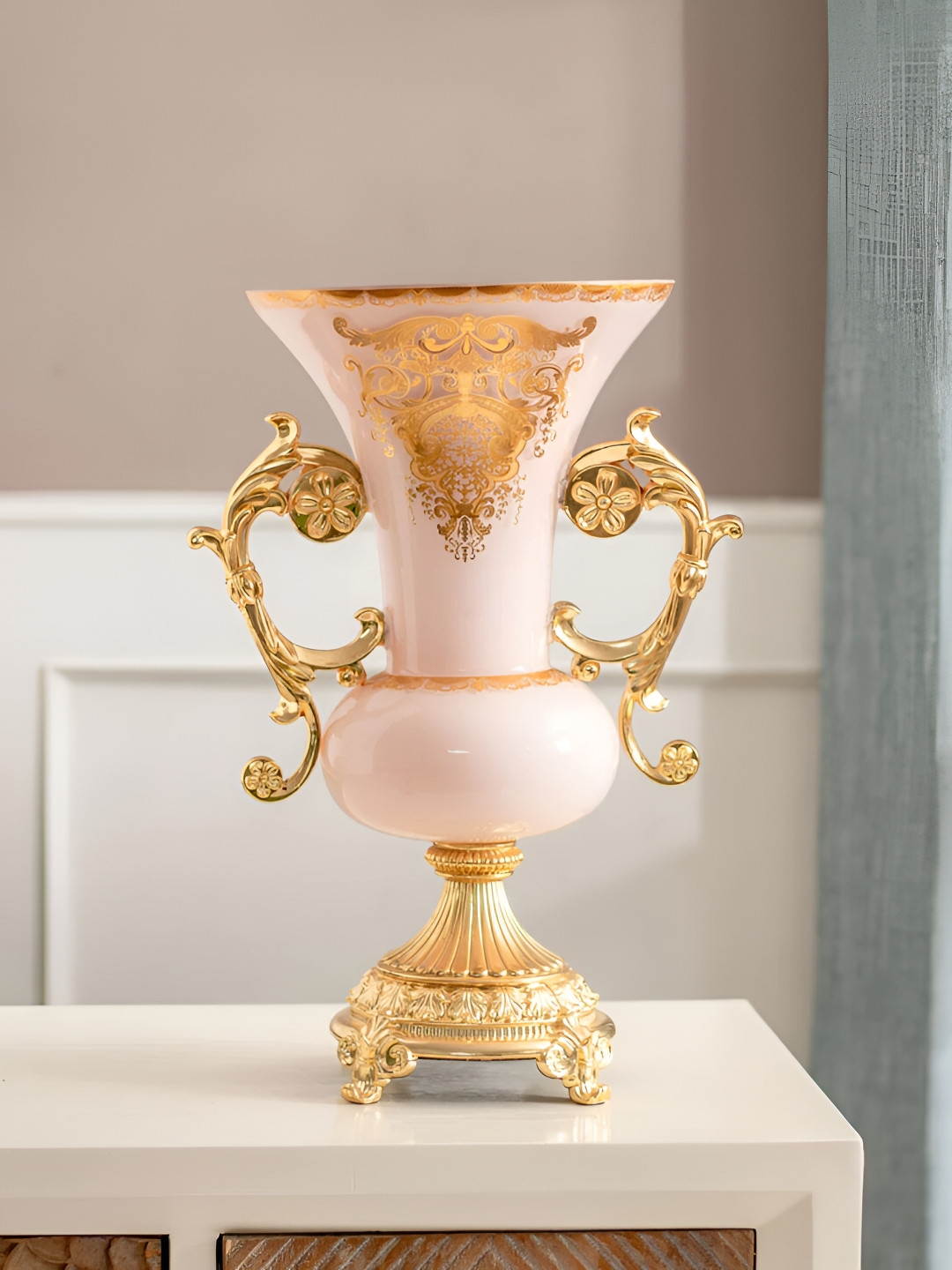 

THEDECORKART Pink & Gold Toned Ethnic Motifs Printed Ornate Shape Glass Vase