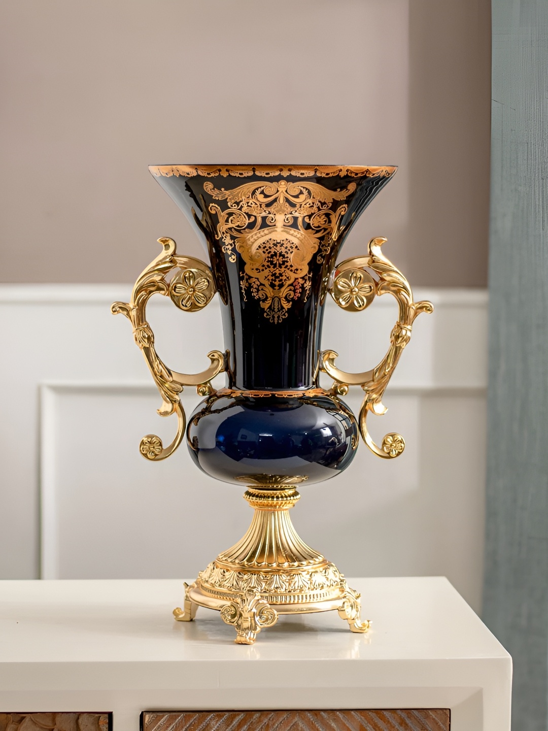 

THEDECORKART Navy Blue & Gold Toned Ethnic Motifs Printed Ornate Shape Glass Vase