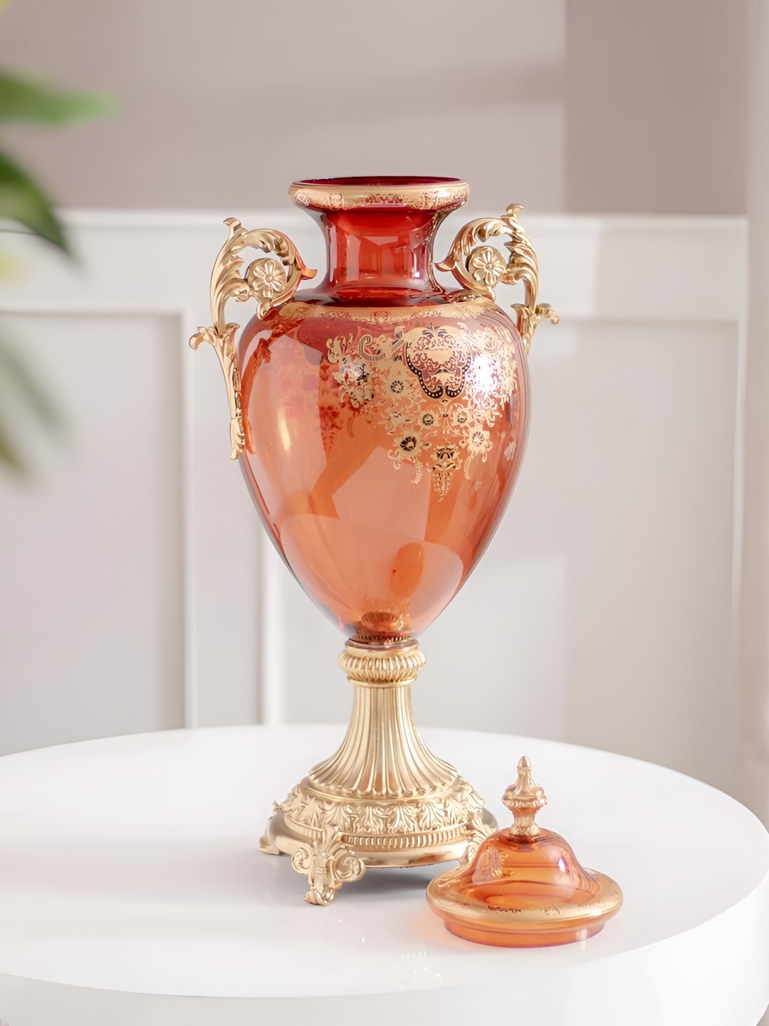 

THEDECORKART Red & Gold Toned Floral Printed Ornate Shape Glass Vase With Lid