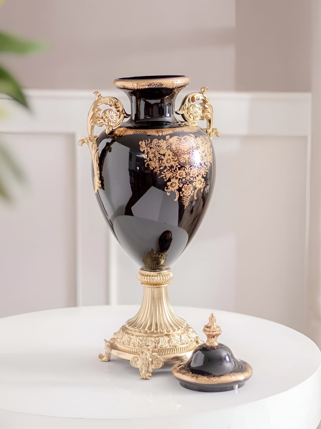 

THEDECORKART Black & Gold Toned Floral Printed Ornate Shape Glass Vase With Lid