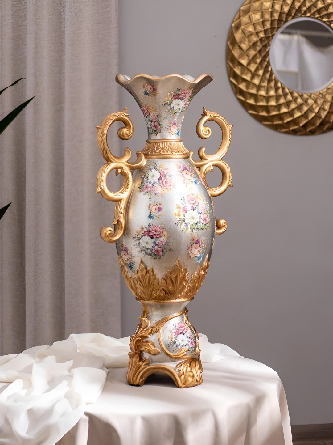 

THEDECORKART Grey & Gold Toned Floral Printed Ornate Shape Glass Vase