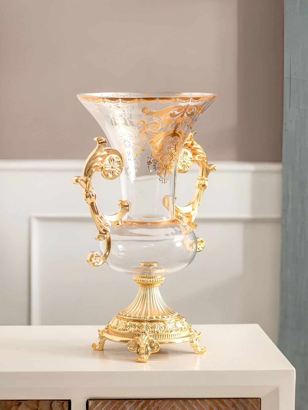 

THEDECORKART Transparent & Gold Toned Ethnic Motifs Printed Ornate Shape Glass Vase