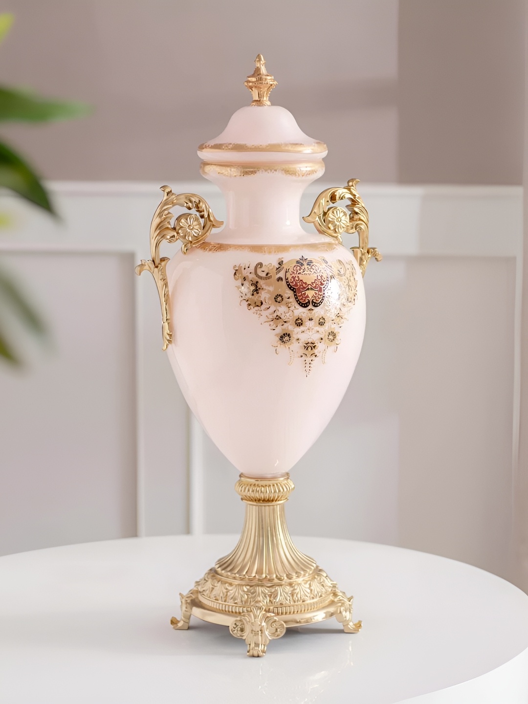 

THEDECORKART Pink & Gold Toned Floral Printed Ornate Shape Glass Vase With Lid