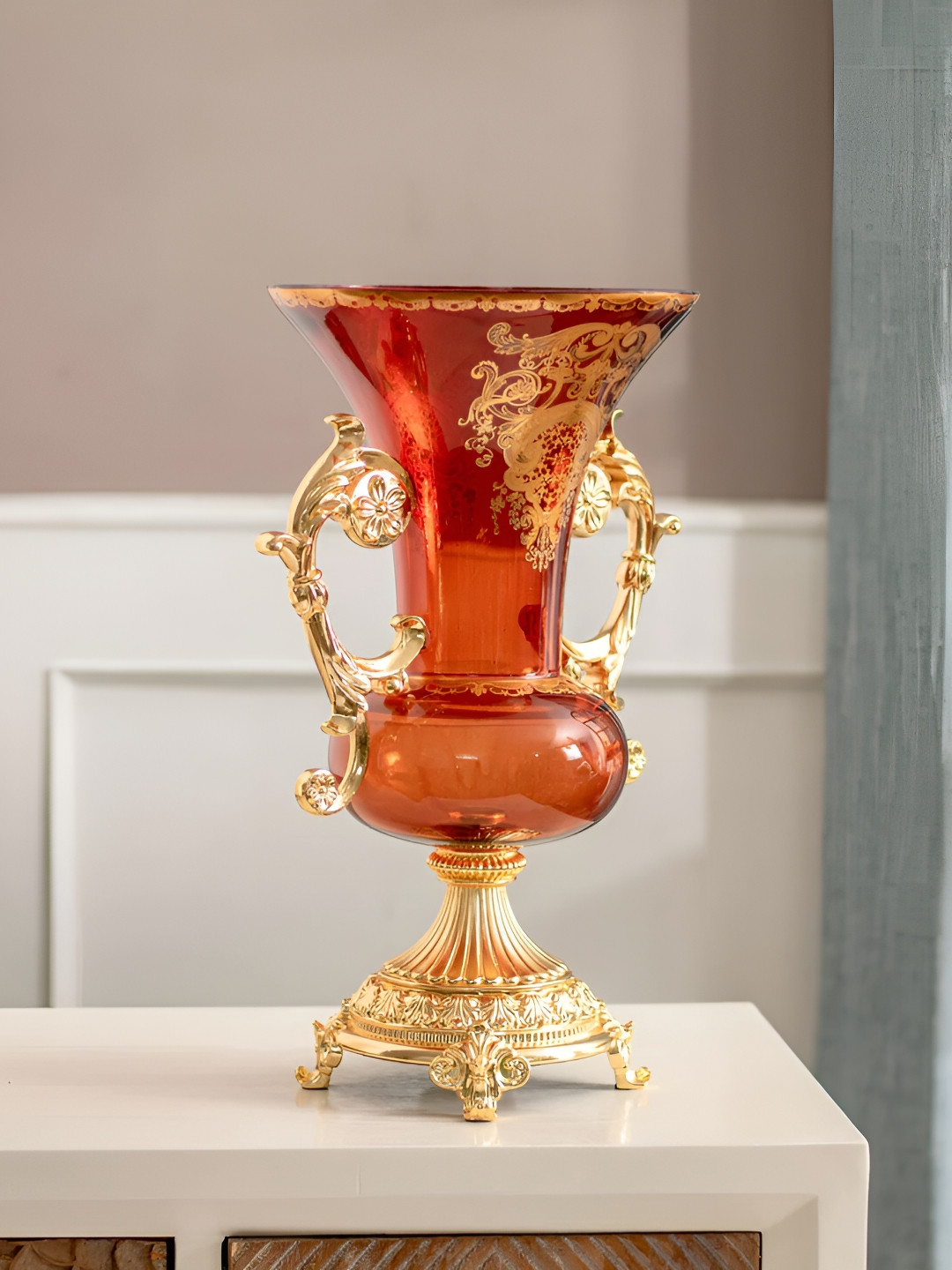 

THEDECORKART Red & Gold Toned Floral Printed Ornate Shape Glass Vase