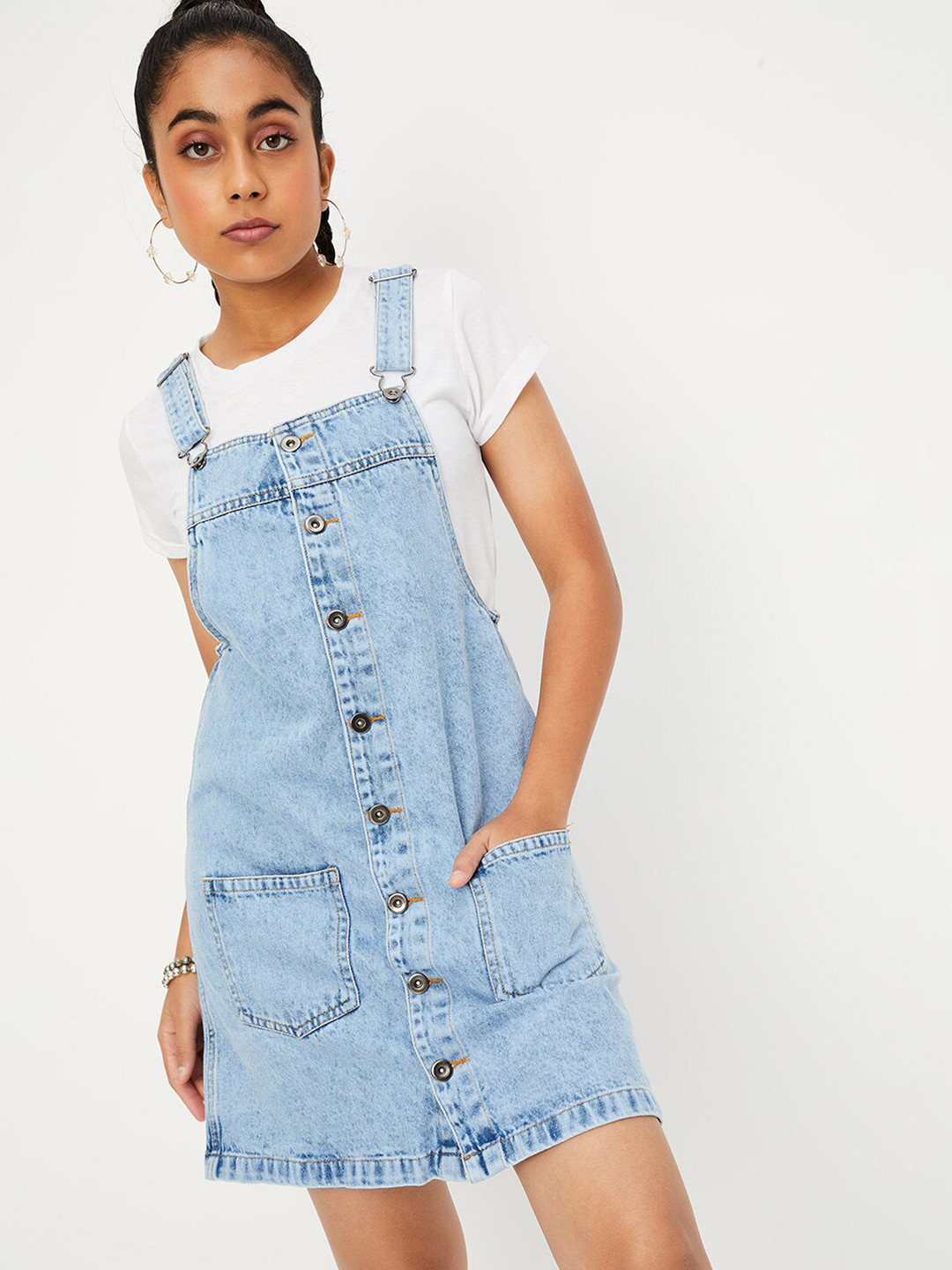 

max Girls Shoulder Straps Pure Cotton Denim Pinafore Dress, Blue
