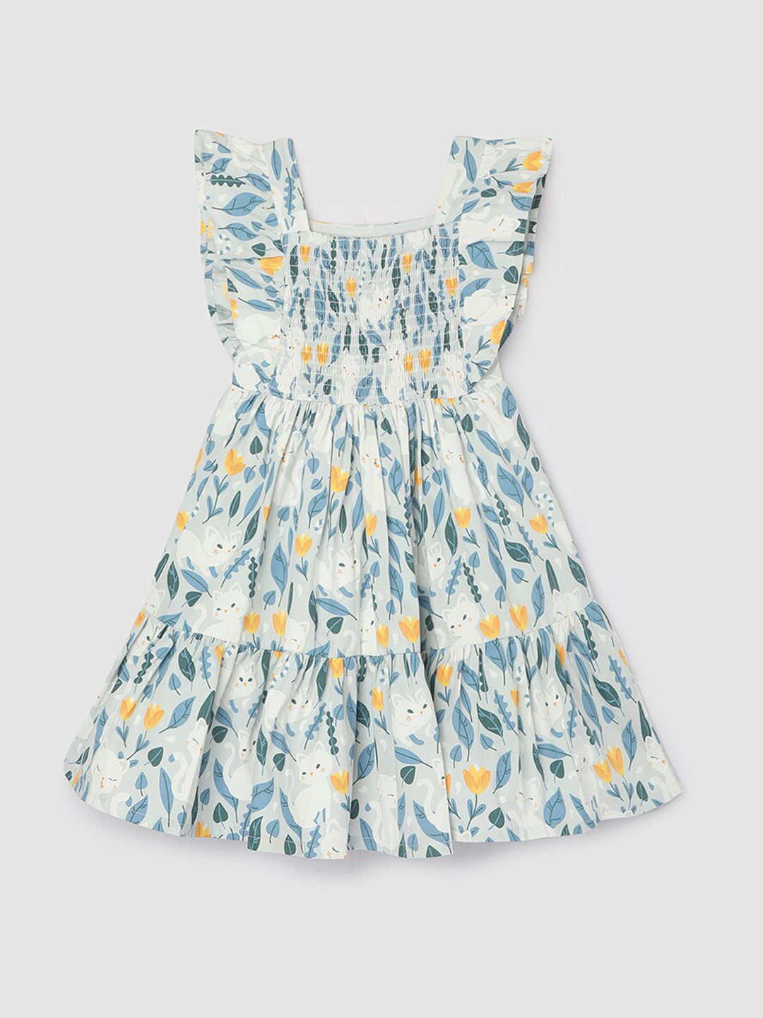 

max Girls Floral Printed Pure Cotton Smocked Fit and Flare Dress, Blue