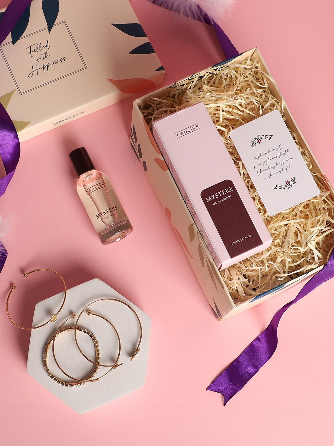 

Gleevers Mystere Eau de Parfum 30ml & 4-Pcs Gold-Plated Stone-Studded Bracelets Gift Set, Pink