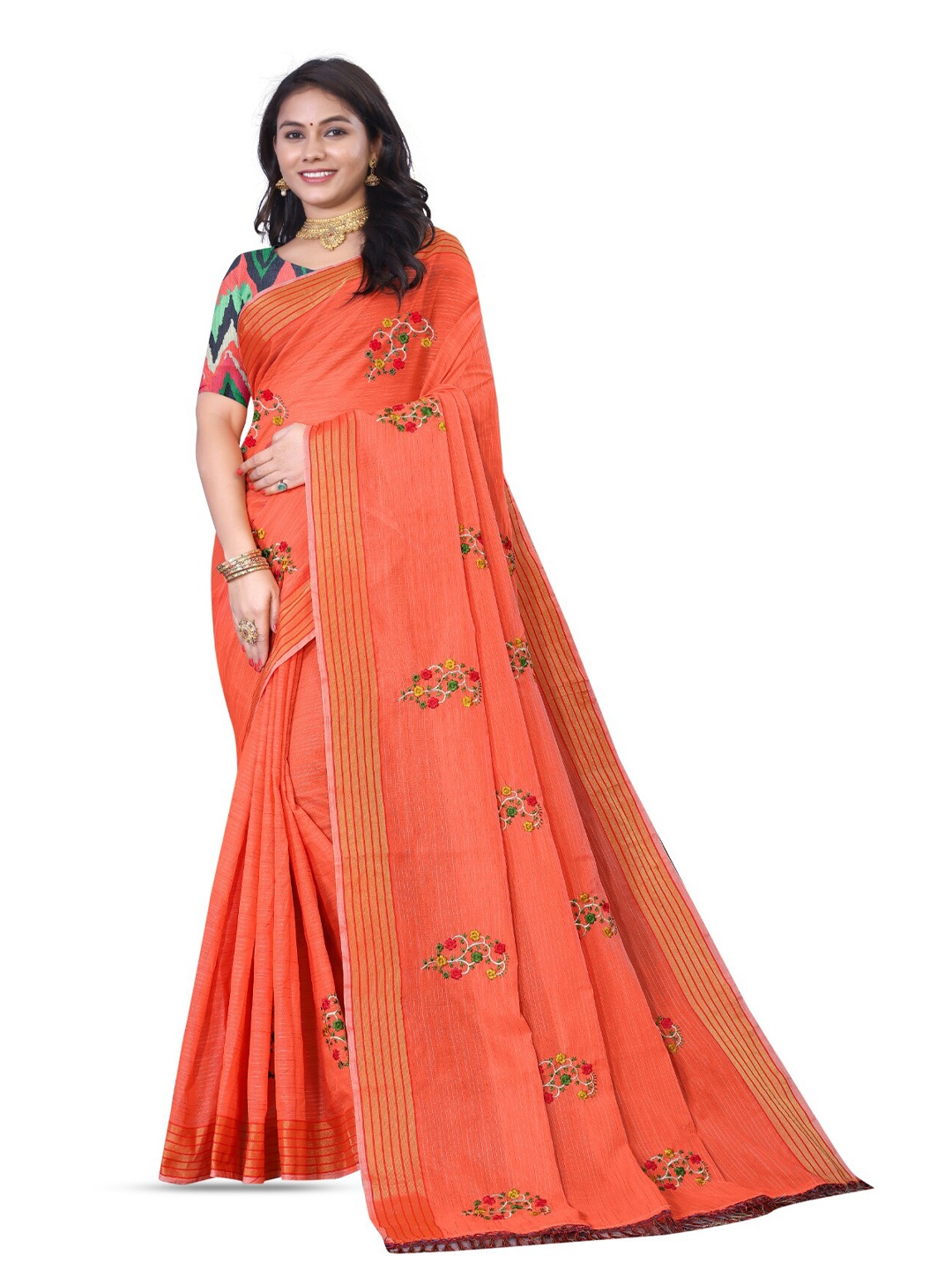 

suyukti creation Ethnic Motifs Embroidered Kota Saree With Tassels, Orange
