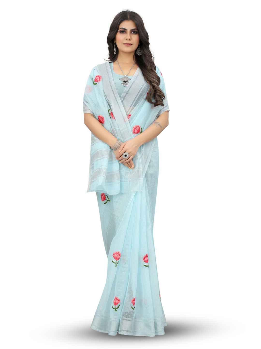 

suyukti creation Floral Embroidered Zari Kota Saree, Blue