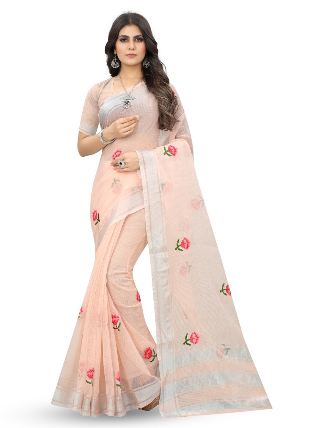 

suyukti creation Floral Embroidered Zari Kota Saree, Peach