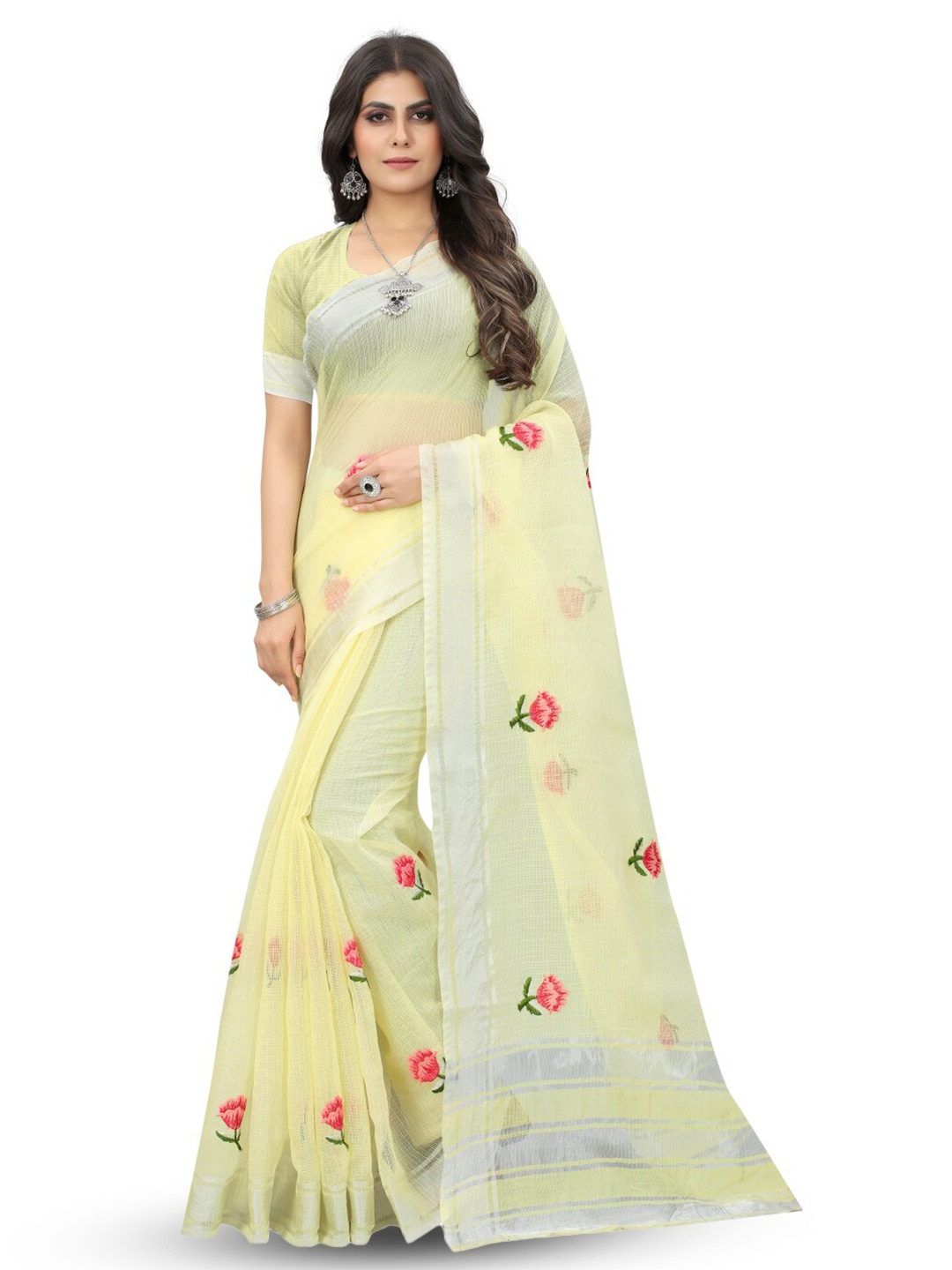 

suyukti creation Floral Embroidered Zari Kota Saree, Yellow