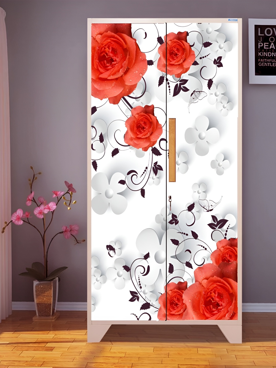 

WALLWEAR White & Red Floral-printed Self-Adhesive Wardrobe Sticker