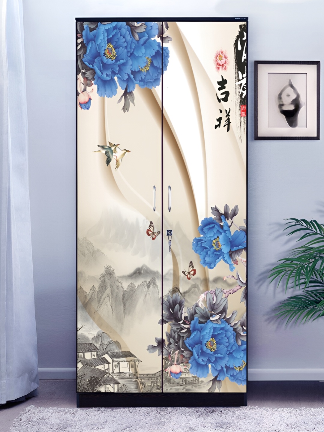 

WALLWEAR Beige & Blue Floral-printed Self-Adhesive Wardrobe Sticker