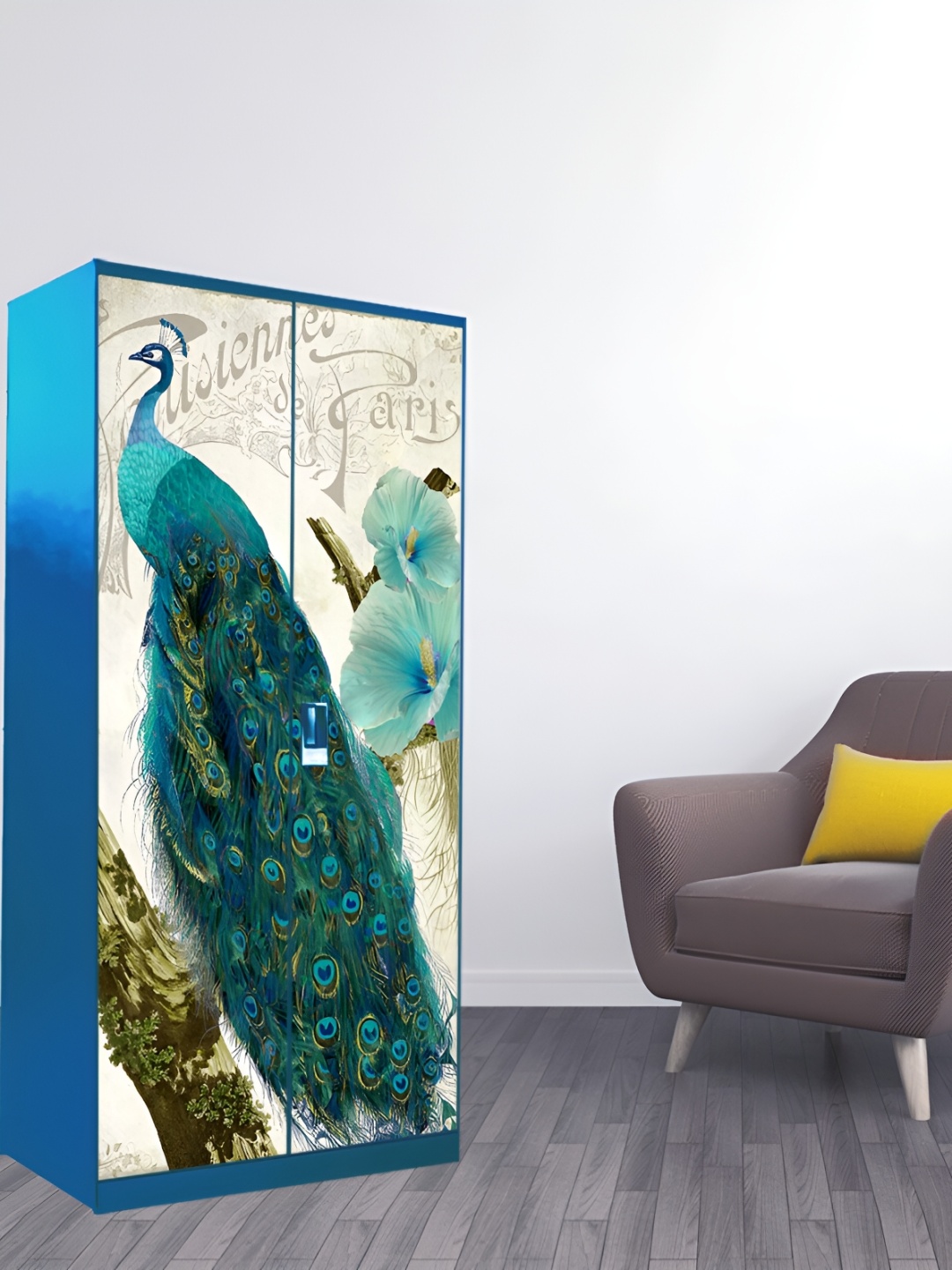 

WALLWEAR Beige & Blue Peacock Printed Self-Adhesive Wardrobe Wallpaper