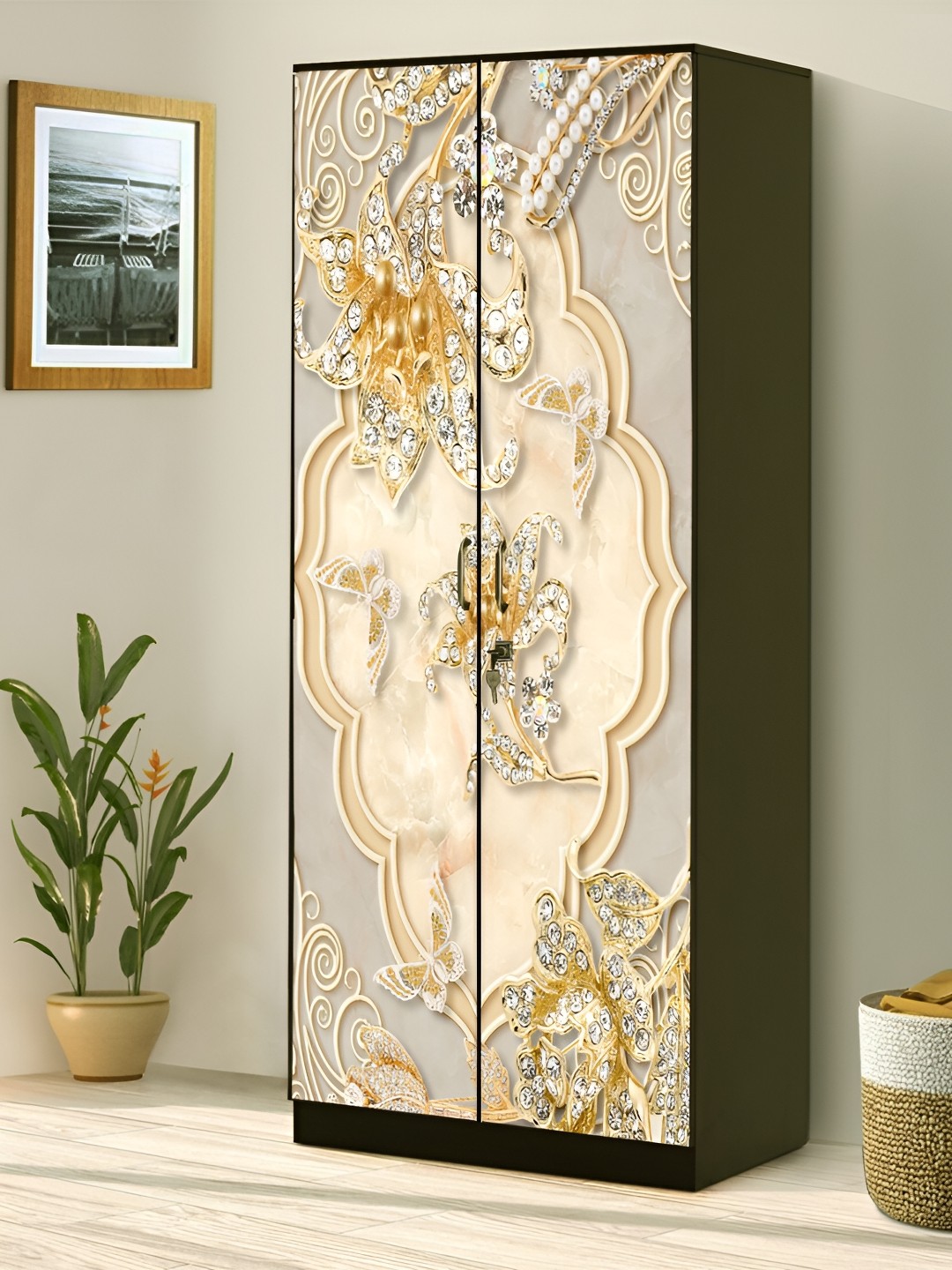 

WALLWEAR Beige Diamond Flower Printed Self Adhesive Wardrobe Sticker