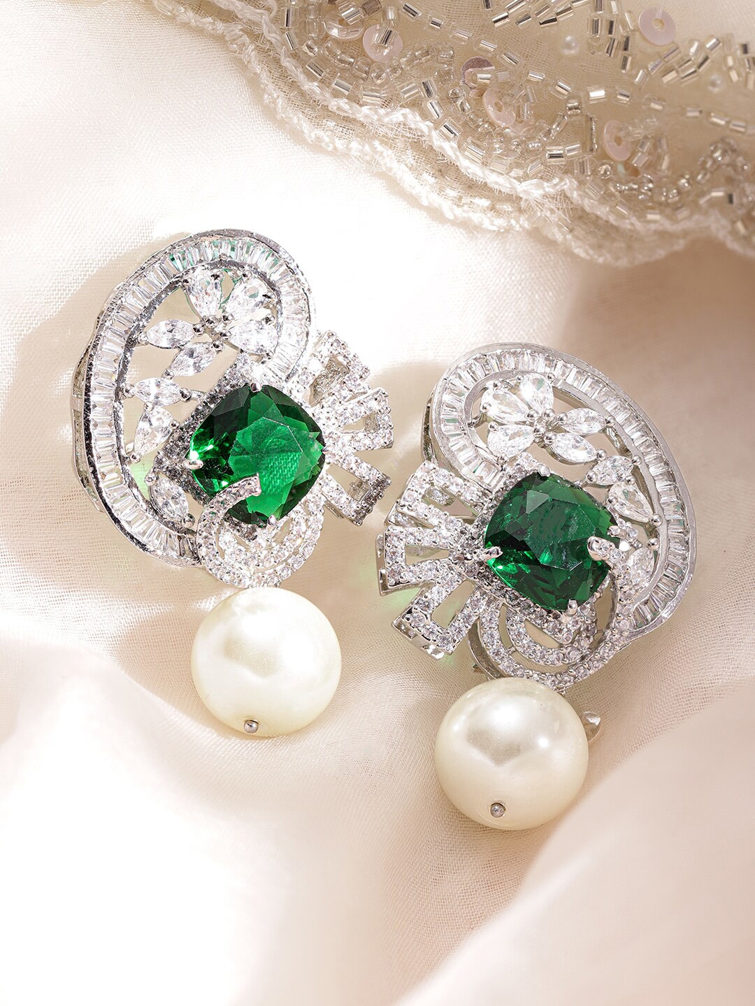 

Rubans Rhodium-Plated Contemporary Drop Earrings, Green