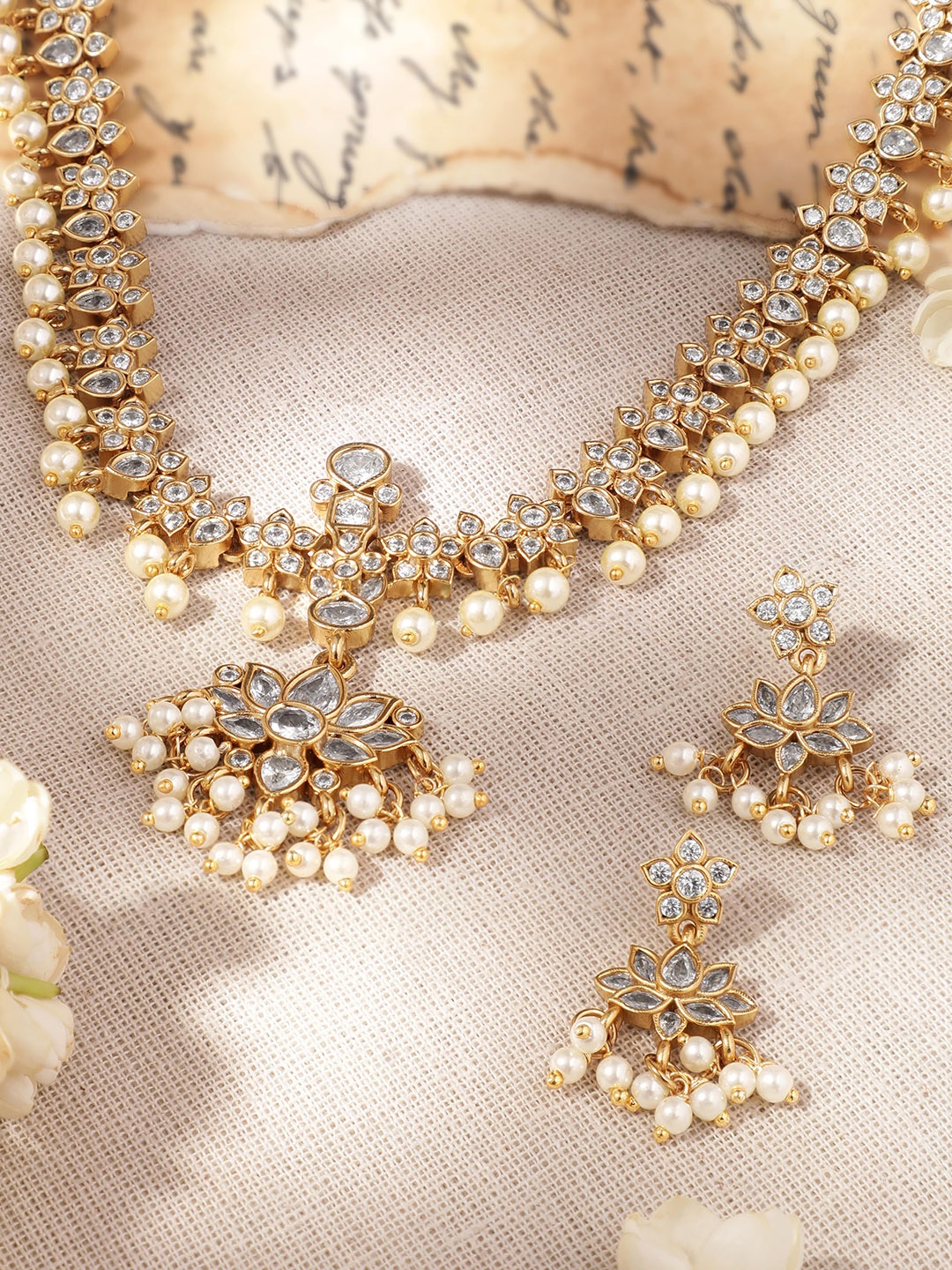 

Rubans 22K Gold-Plated Sleek Polki Zirconia Floral Motif & Pearl Beads Necklace Set