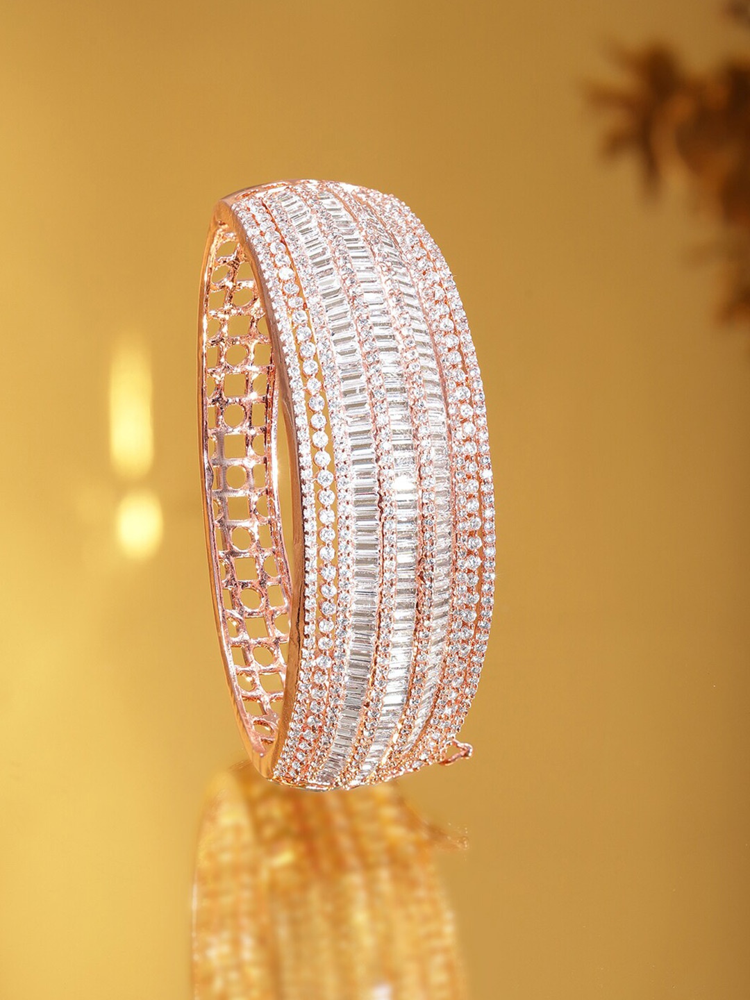 

Rubans 22K Rose Gold Plated Baguette Crystal CZ Studded Premium Openable Bracelet