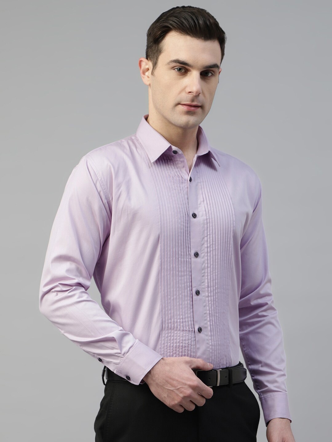 

Hancock Standard Slim Fit Pintucked Spread Collar Long Sleeves Party Tuxedo Shirt, Lavender