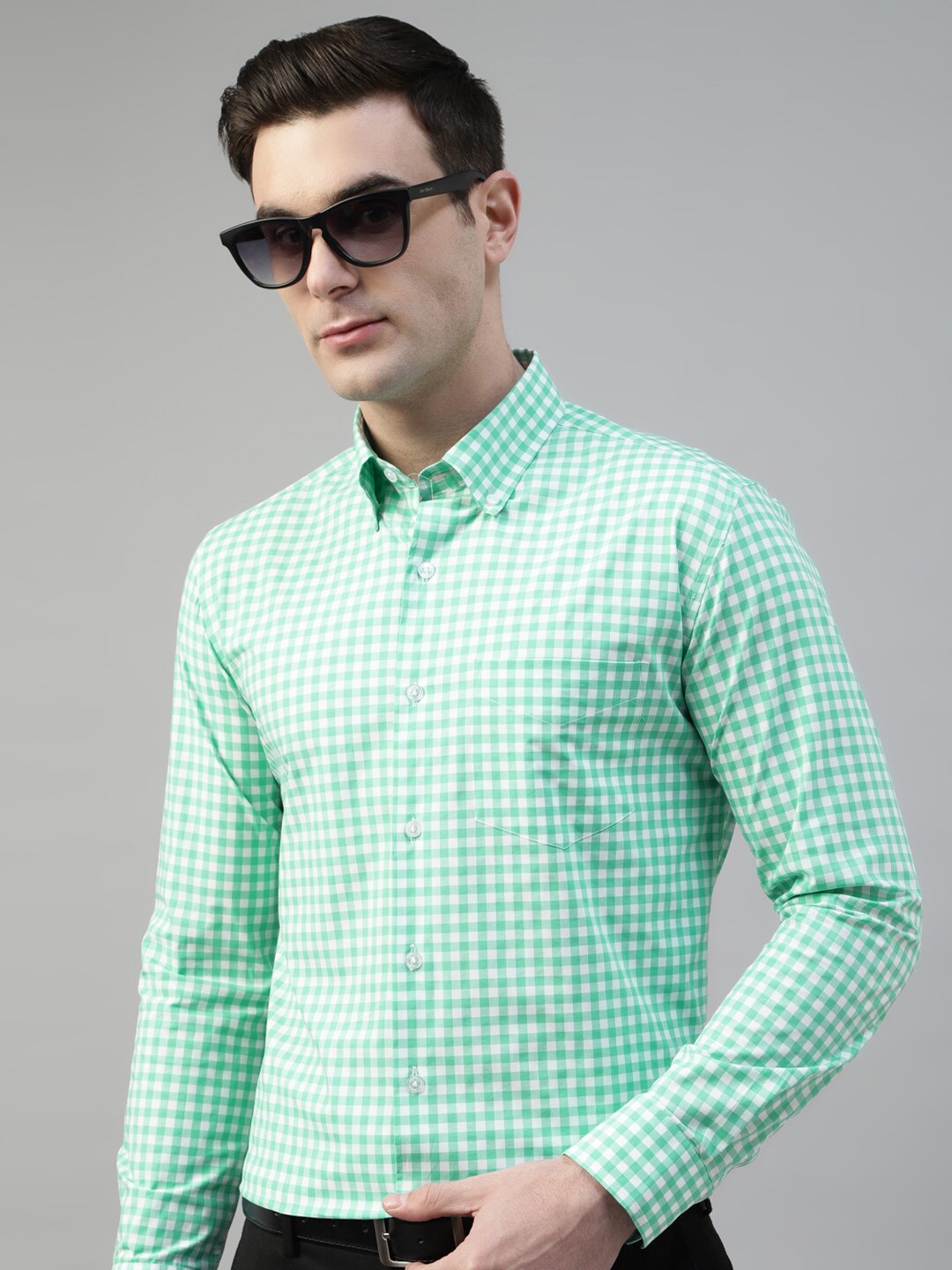 

Hancock Standard Slim Fit Gingham Checks Wrinkle Resistant Pure Cotton Formal Shirt, Green