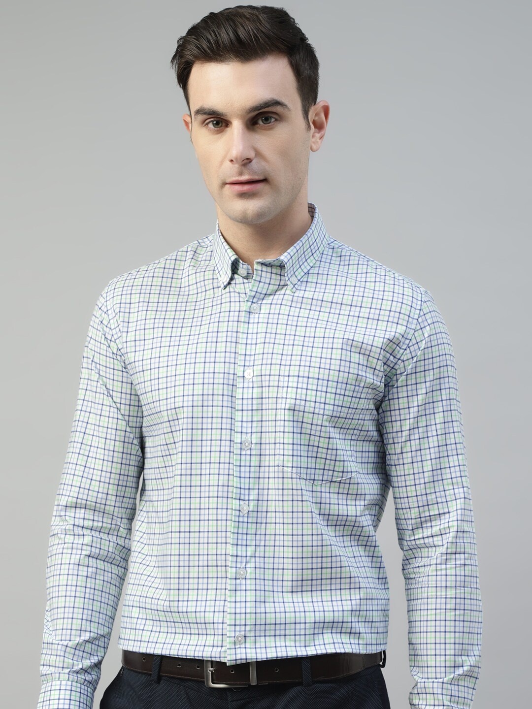 

Hancock Standard Slim Fit Tartan Checks Wrinkle Resistant Long Sleeves Cotton Formal Shirt, White