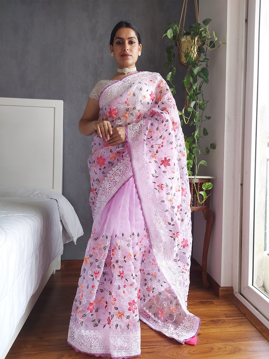 

Munir Floral Embroidered Organza Heavy Work Saree, Purple