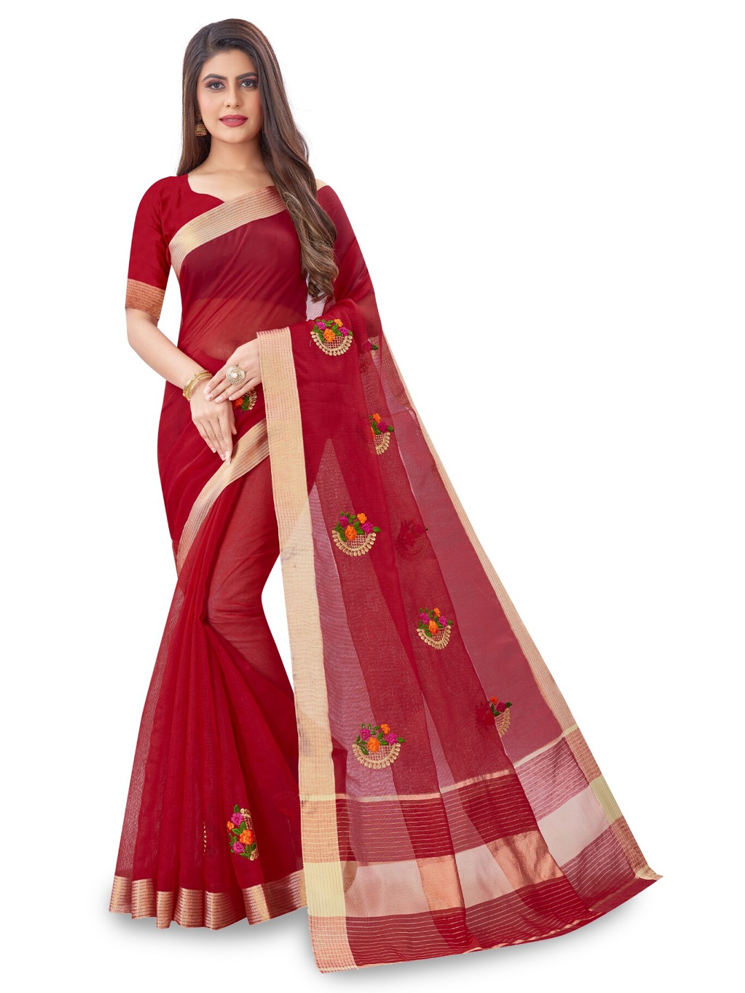 

suyukti creation Ethnic Motifs Embroidered Zari Chanderi Saree, Red