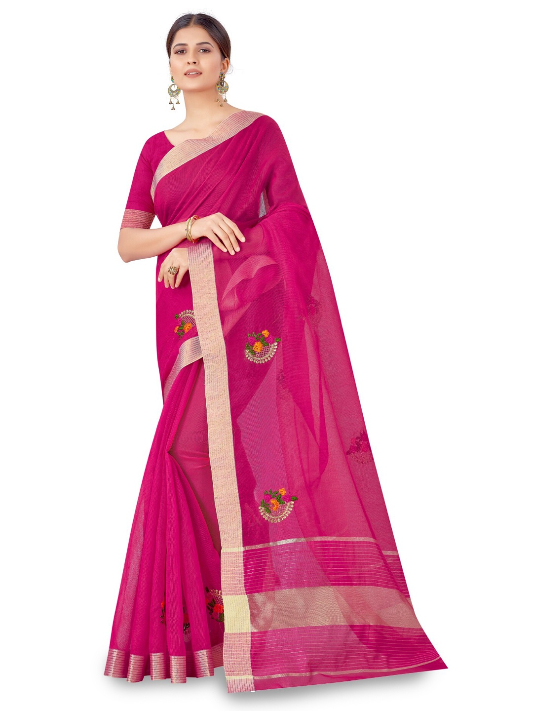 

suyukti creation Ethnic Motifs Embroidered Zari Chanderi Saree, Pink