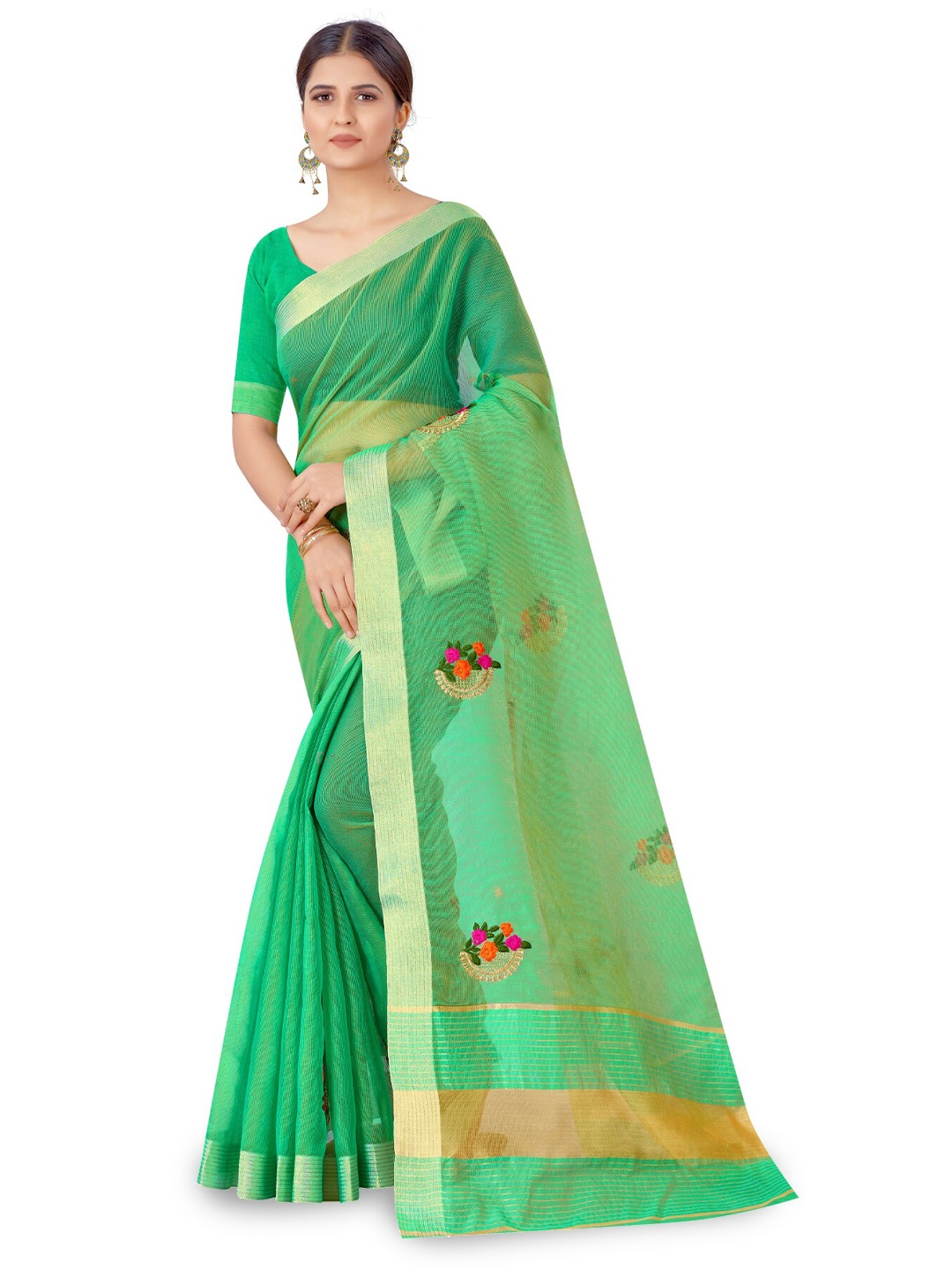 

suyukti creation Floral Embroidered Zari Chanderi Saree, Green