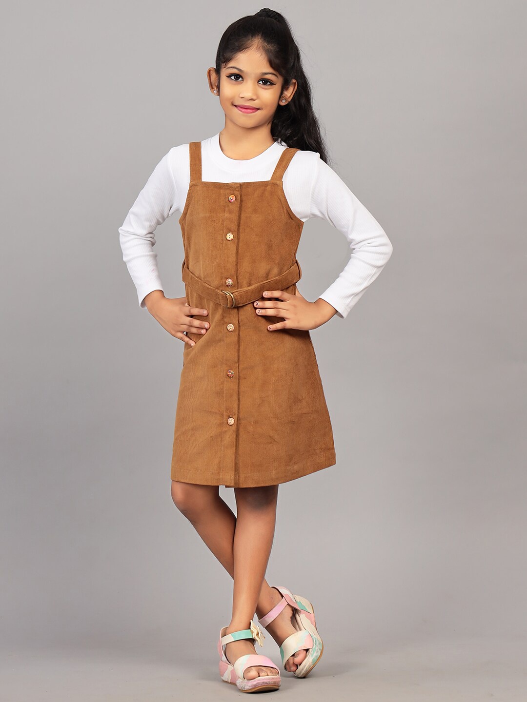 

ZION Girls Cotton Straight Belted Round Neck Pinafore Dress, Coffee brown