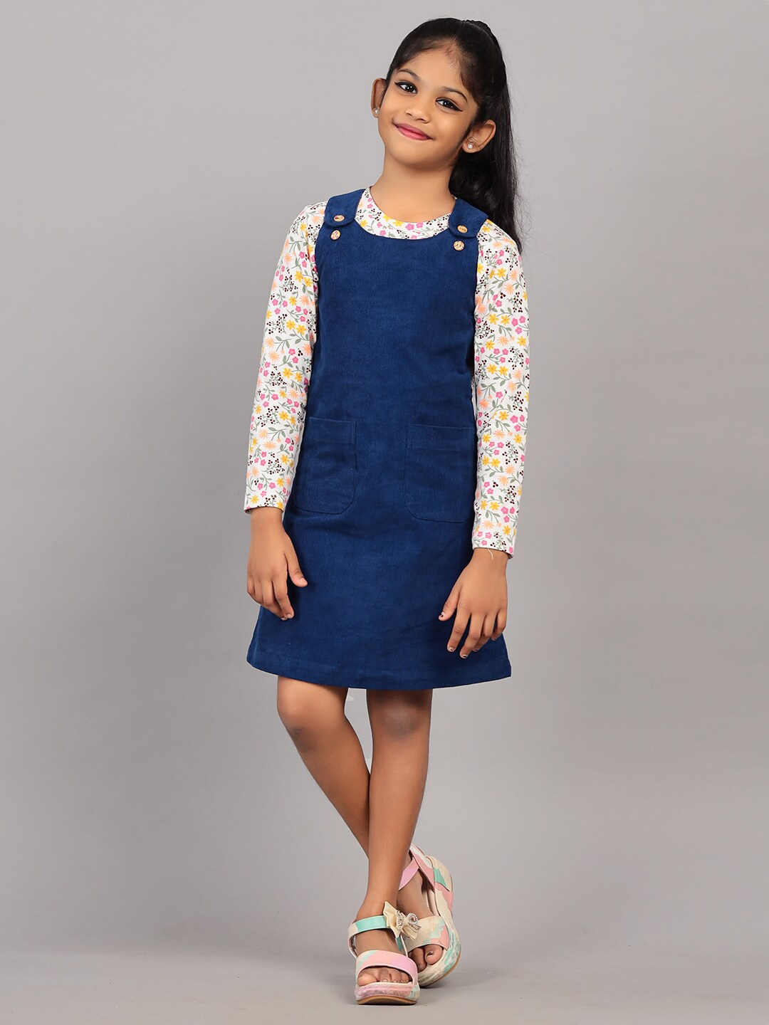 

ZION Girls Floral Printed Straight Cotton Belted Round Neck Pinafore Dress, Navy blue