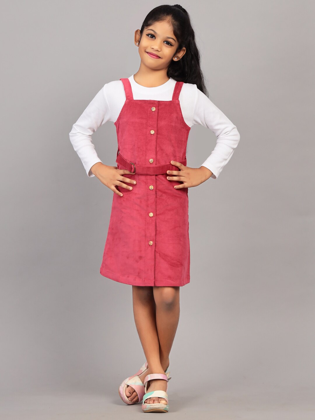 

ZION Girls Cotton Straight Belted Round Neck Pinafore Dress, Fuchsia