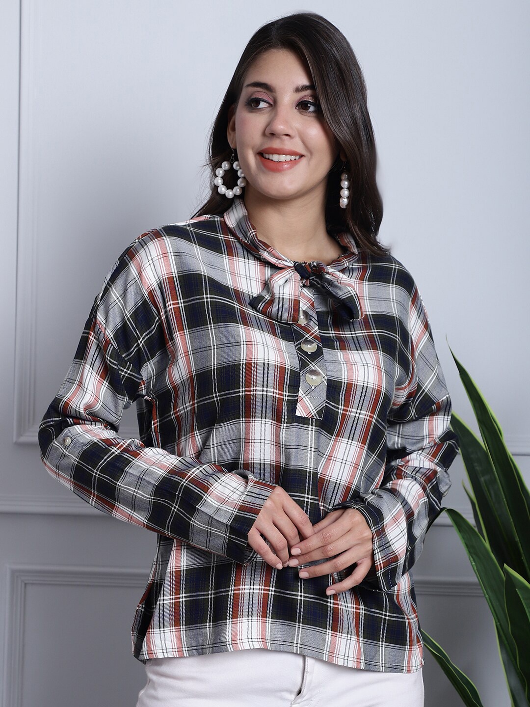 

Grancy Checked Tie-Up Neck Cuffed Sleeves Cotton Shirt Style Top, White