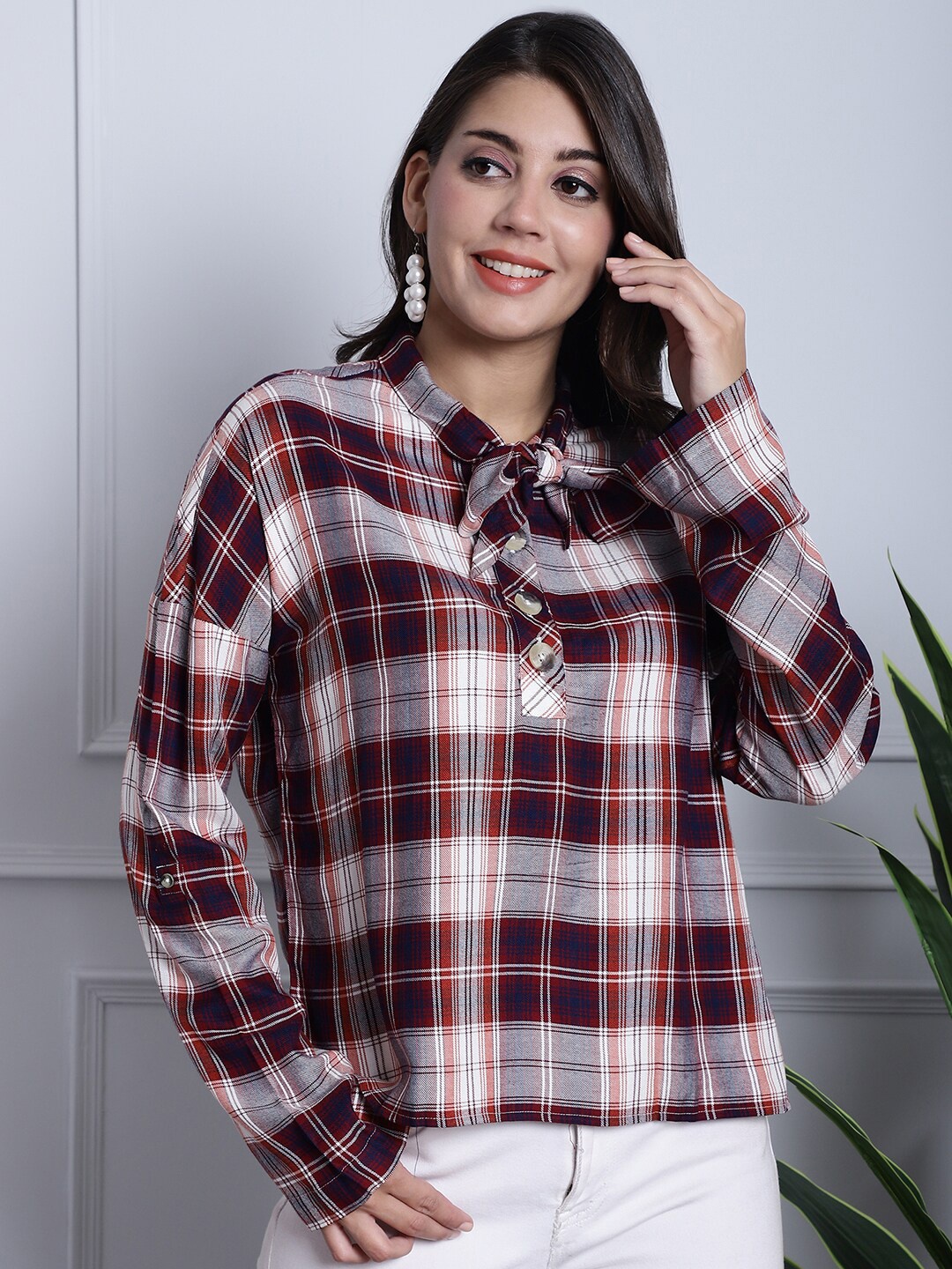 

Grancy Checked Tie-Up Neck Cuffed Sleeves Cotton Shirt Style Top, Red