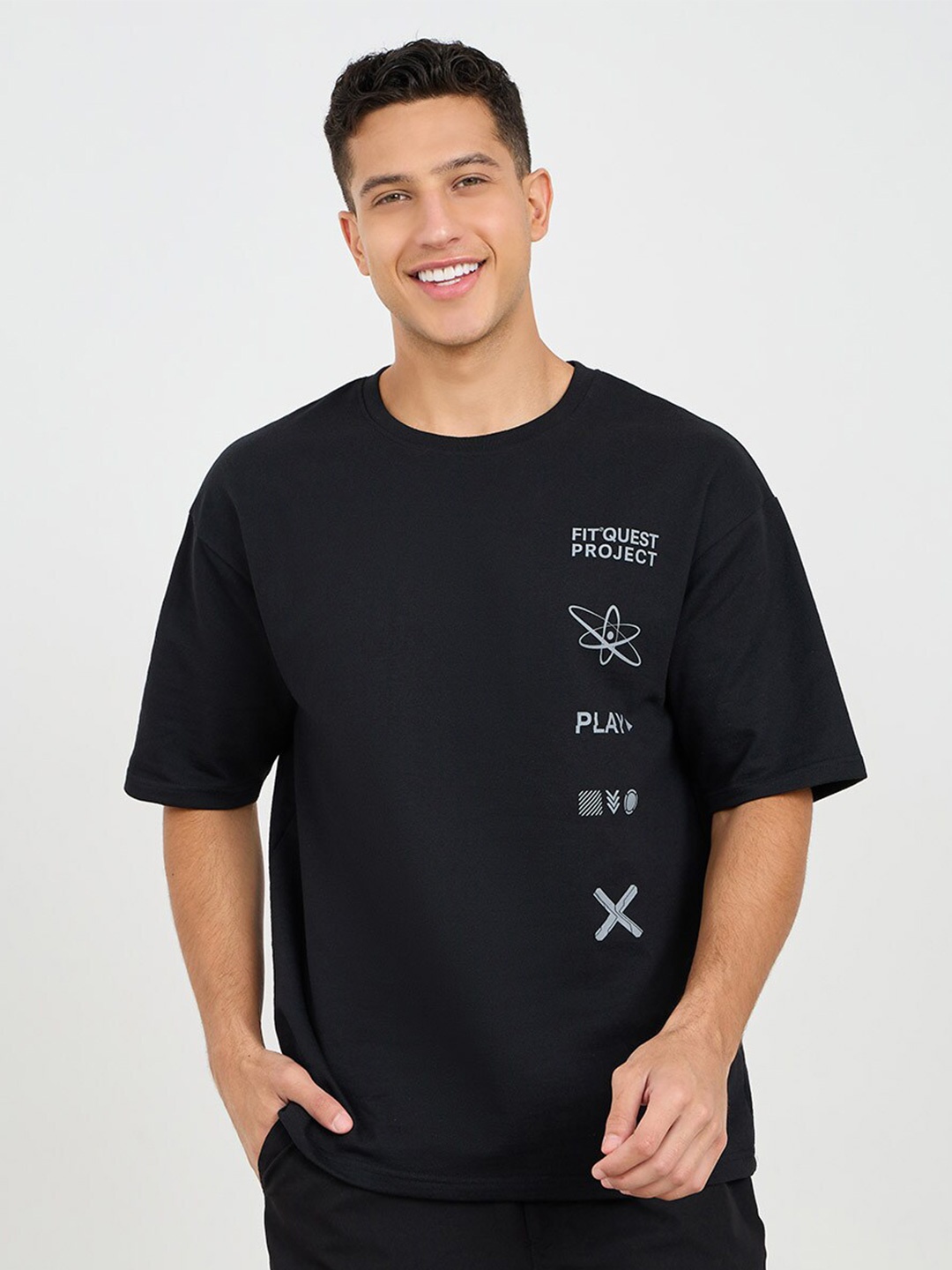 

Styli Men Oversized Slogan Print Athleisure Terry T-Shirt, Black