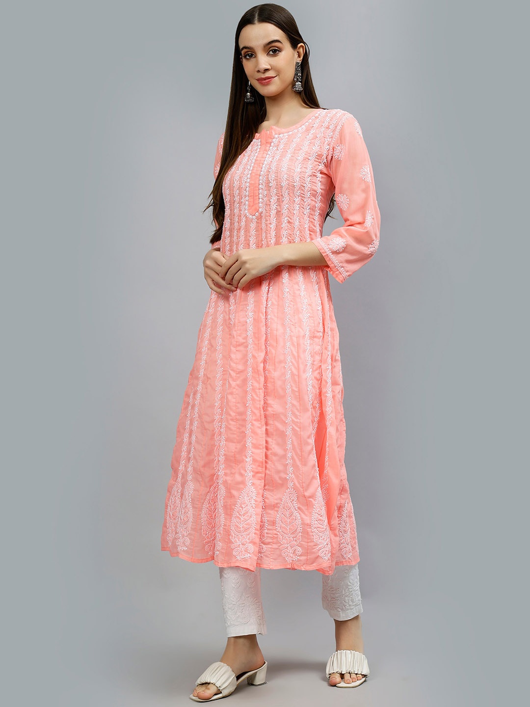 

Seva Chikan Ethnic Motifs Embroidered Lucknowi Chikankari Anarkali Kurta, Peach