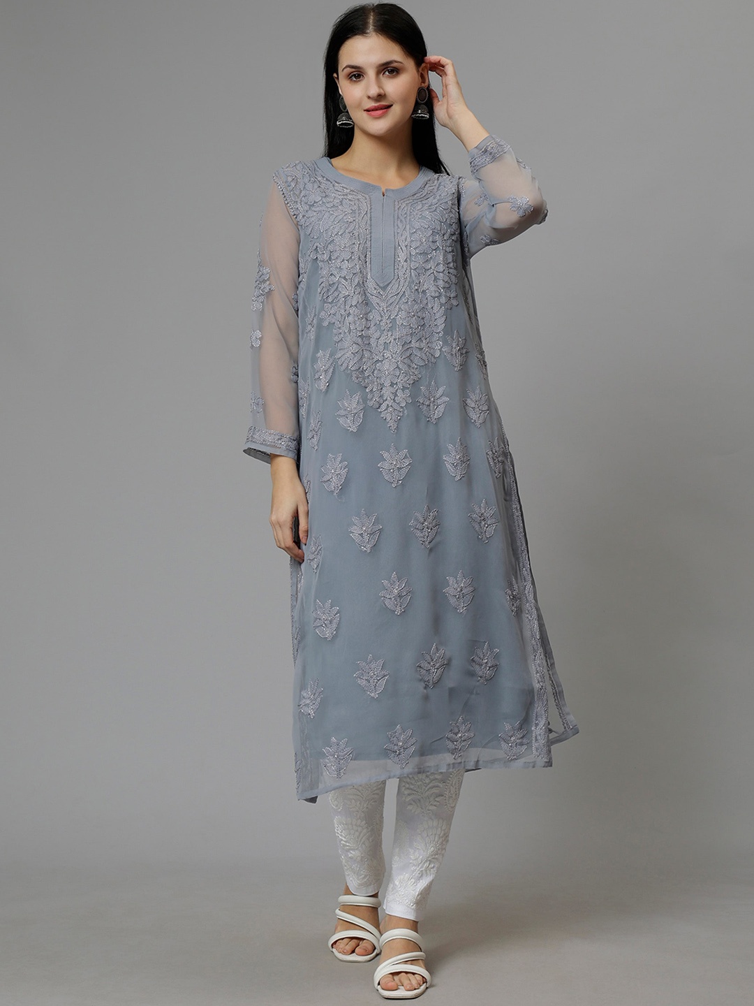 

Seva Chikan Floral Embroidered Round Neck Lucknowi Chikankari Georgette Straight Kurta, Grey