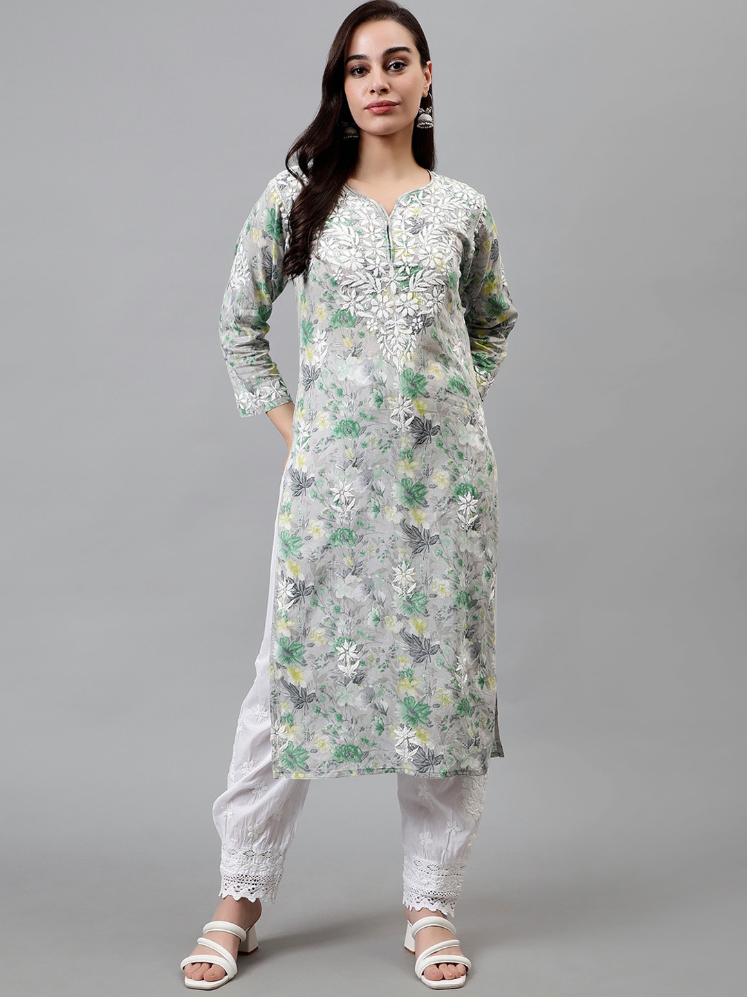 

Seva Chikan Floral Printed Lucknowi Chikankari Straight Kurta, Grey