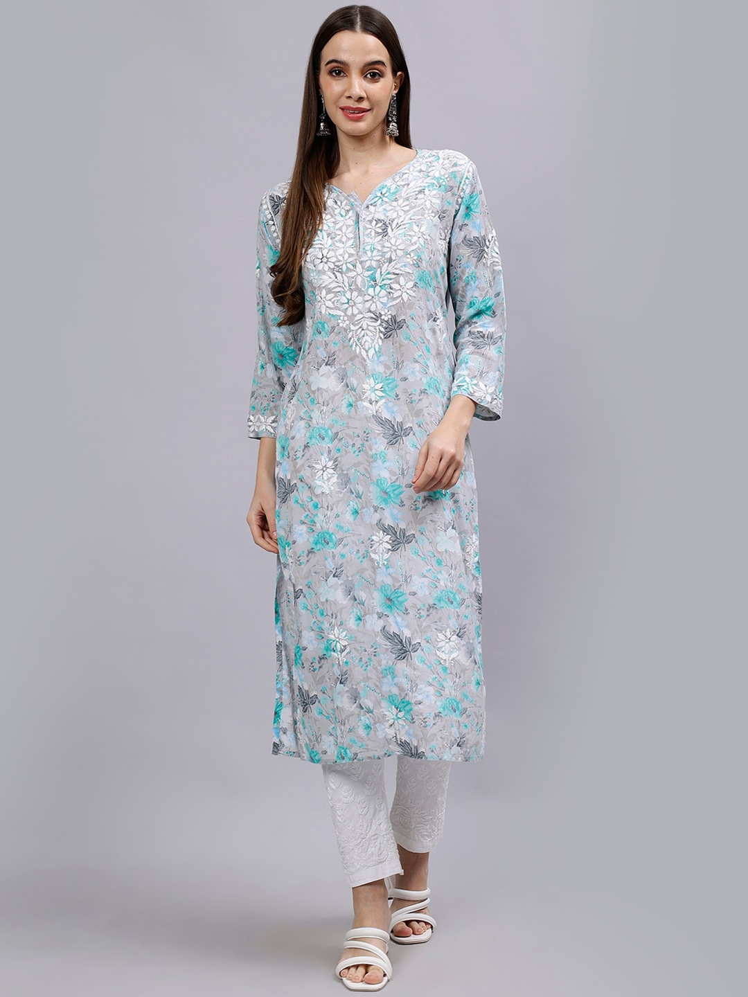 

Seva Chikan Floral Printed Lucknowi Chikankari Straight Kurta, Grey