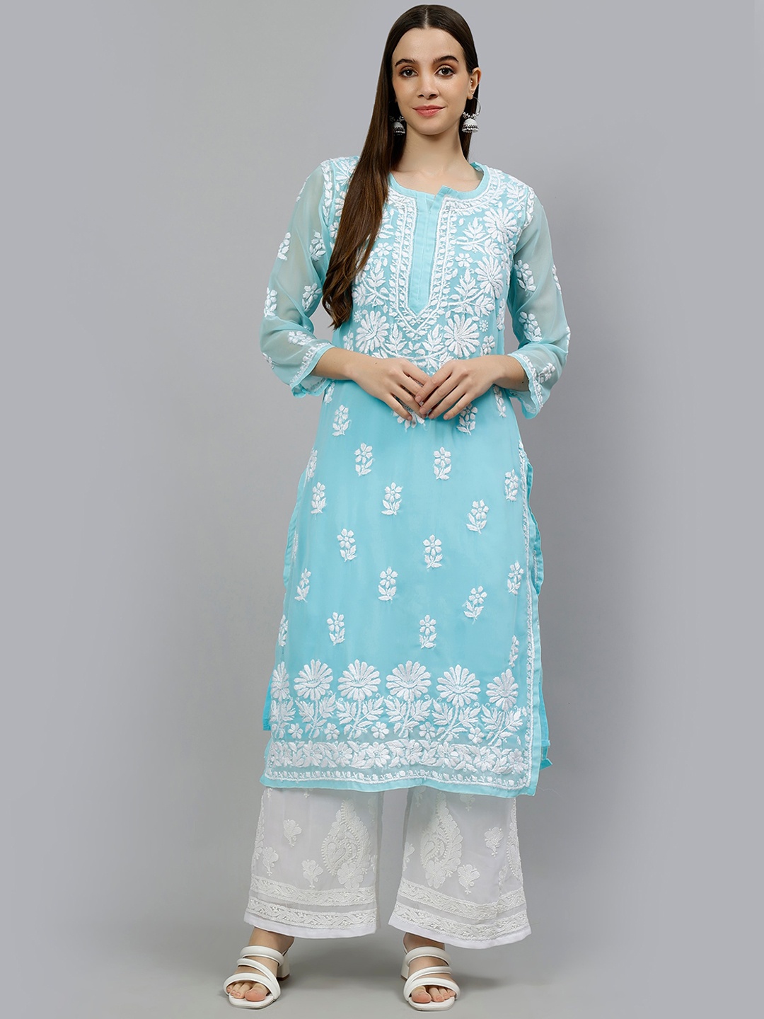 

Seva Chikan Floral Embroidered Lucknowi Chikankari Georgette Straight Kurta, Blue