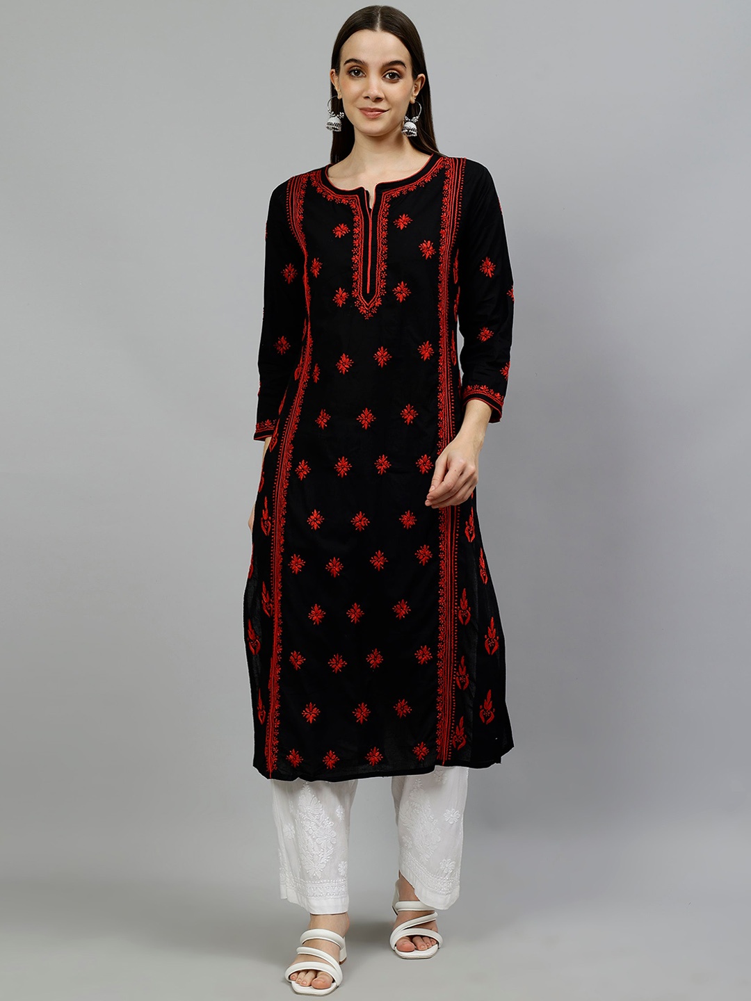 Seva Chikan Ethnic Motifs Embroidered Lucknowi Chikankari Straight Kurta, Black