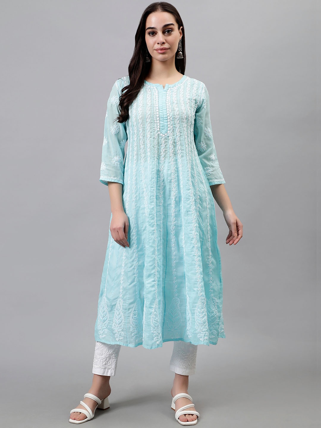 

Seva Chikan Ethnic Motifs Embroidered Lucknowi Chikankari Anarkali Kurta, Blue