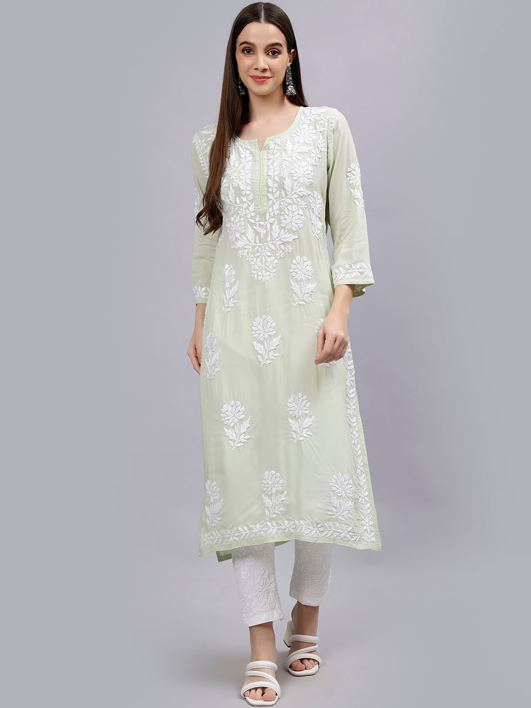 

Seva Chikan Ethnic Motifs Embroidered Lucknowi Chikankari Kurta, Green