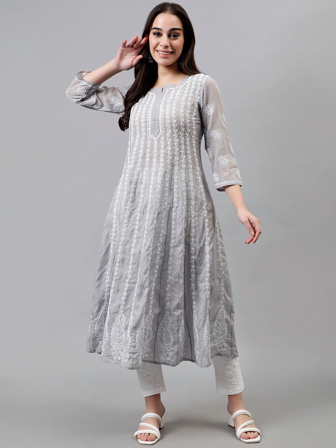 

Seva Chikan Ethnic Motifs Embroidered Lucknowi Chikankari Anarkali Kurta, Grey
