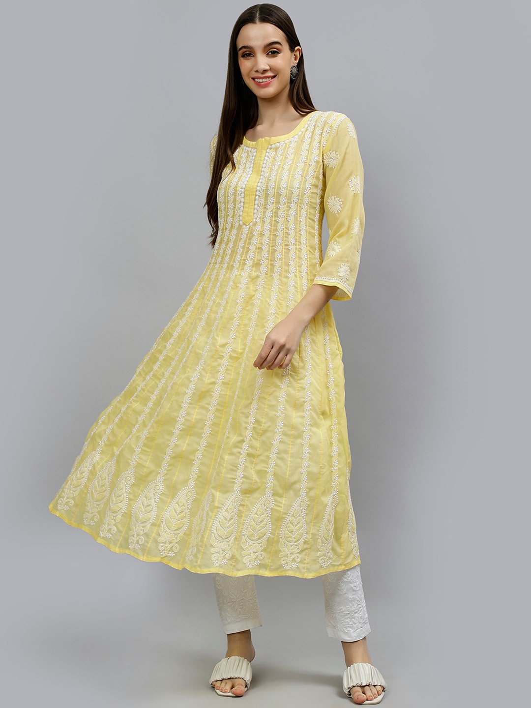 

Seva Chikan Ethnic Motifs Embroidered Lucknowi Chikankari Anarkali Kurta, Yellow