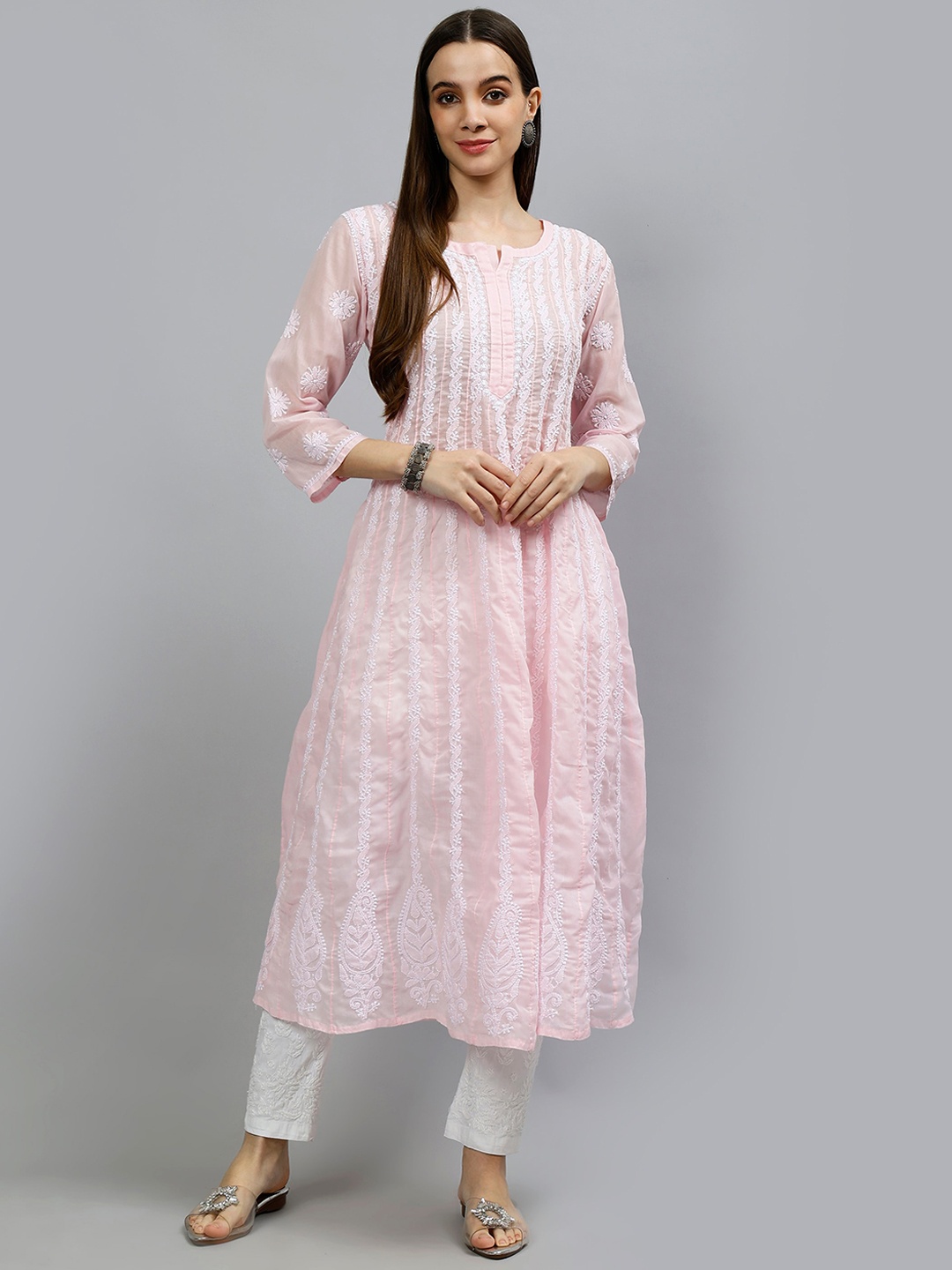 

Seva Chikan Ethnic Motifs Embroidered Lucknowi Chikankari Anarkali Kurta, Pink