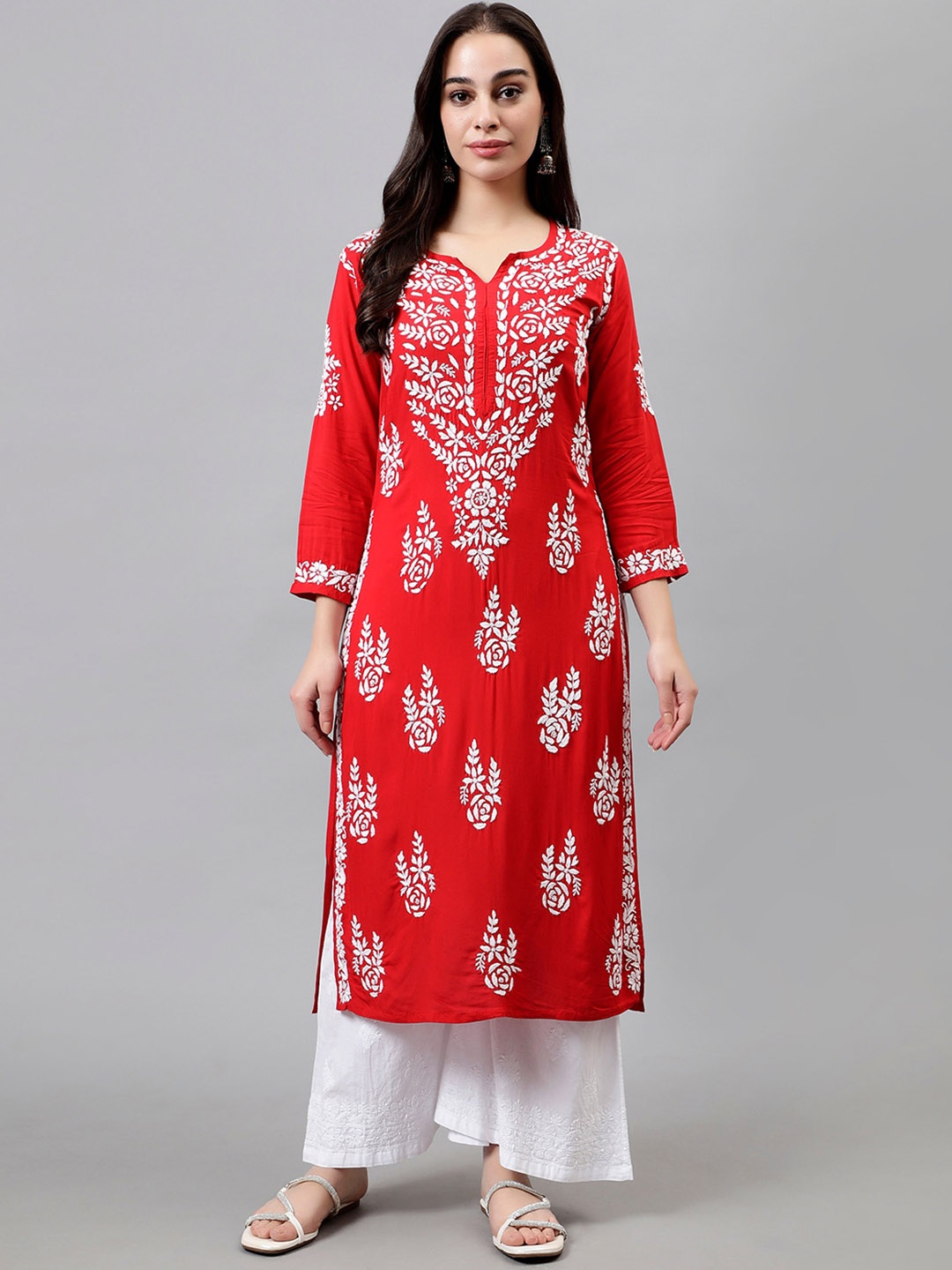 

Seva Chikan Floral Embroidered Lucknowi Chikankari Kurta, Red
