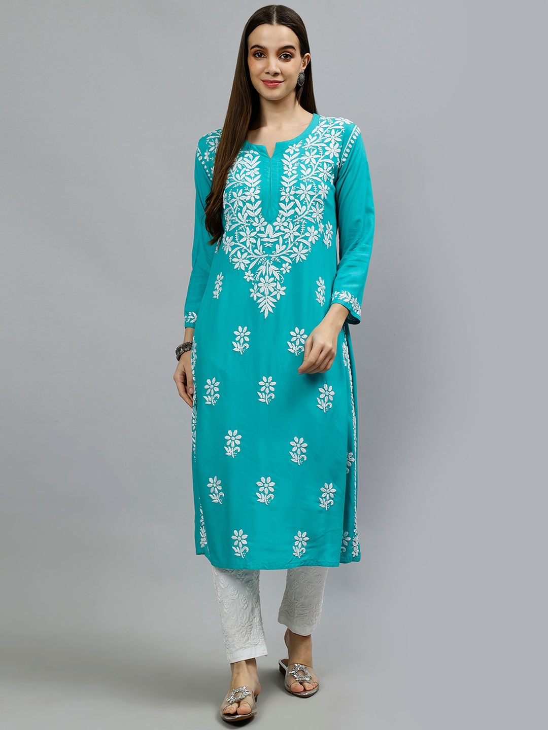 

Seva Chikan Floral Embroidered Lucknowi Chikankari Kurta, Turquoise blue