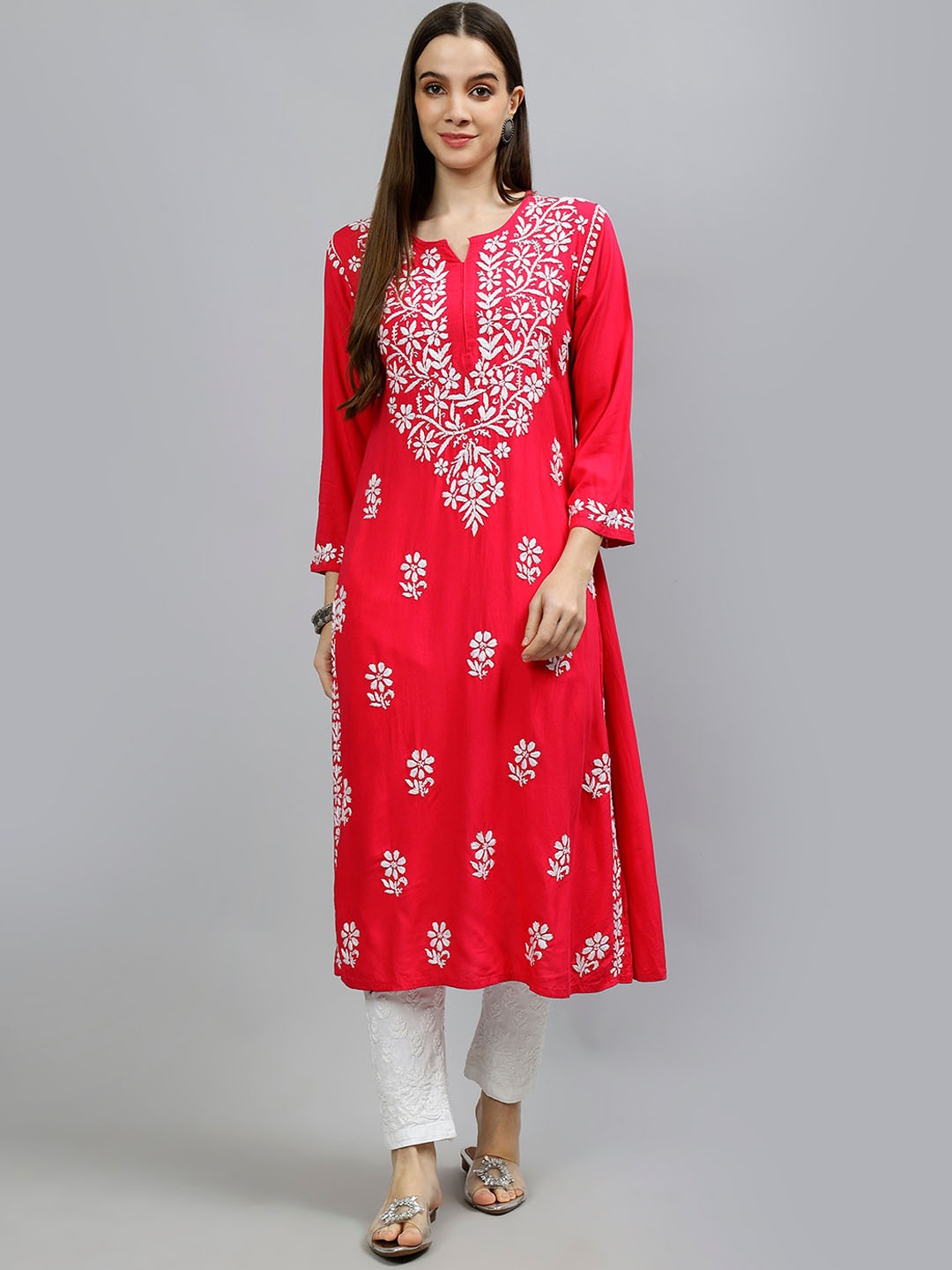 

Seva Chikan Floral Embroidered Lucknowi Chikankari Straight Kurta, Magenta